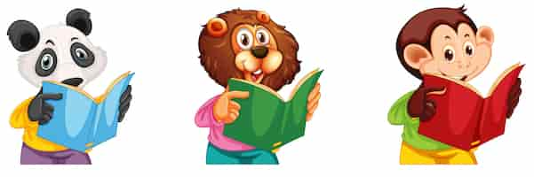 Free vector panda, lion and monkey reading