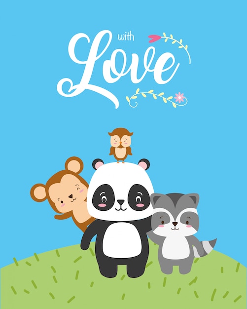 Panda, monkey and owl, cute animals with love word, flat style