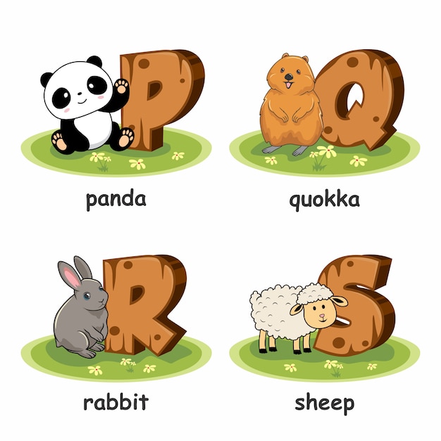 Panda quokka rabbit sheep wooden animals alphabet