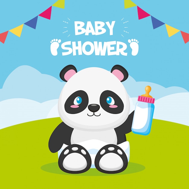 Vettore gratuito panda con bottiglia per baby shower card