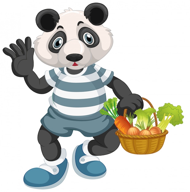 Vettore gratuito panda con cestino di verdure