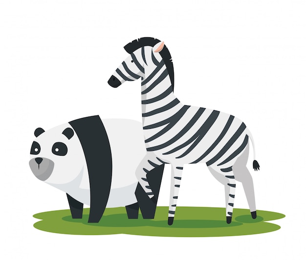 Free vector panda and zebra wild animals reserve