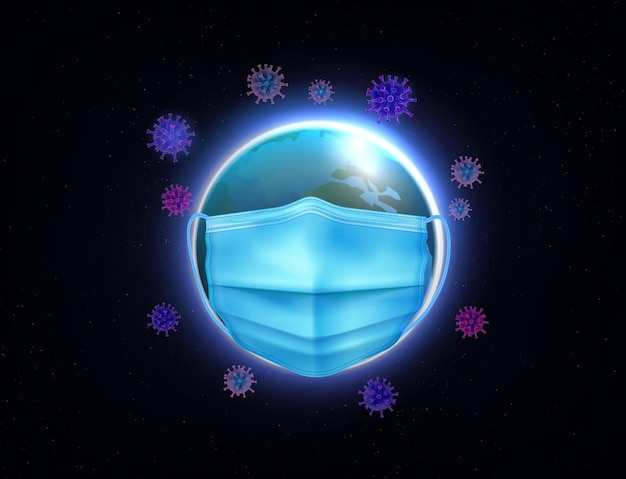 Pandemic earth composition with realistic earth globe bubble wearing protective mask surrounded by flying virus icons vector illustration