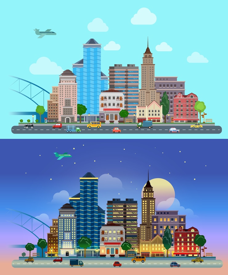 Free Vector panorama of the city skyscrapers the sky in the background day night