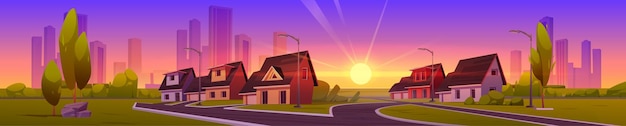 無料ベクター 日没時の家と郊外地区のパノラマ
