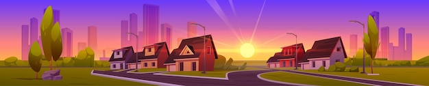 Free vector panorama of suburb district with houses at sunset