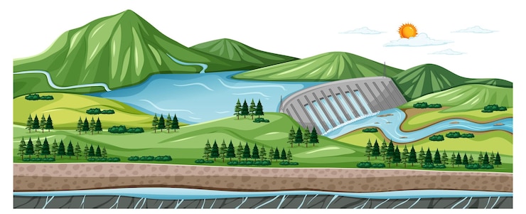 Free Vector panoramic countryside landscape with mountain river dam