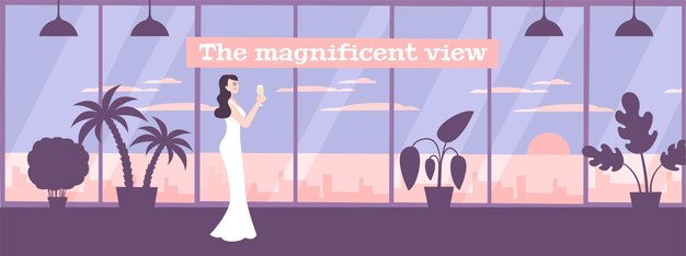 Panoramic windows on apartment with elegant woman illustration