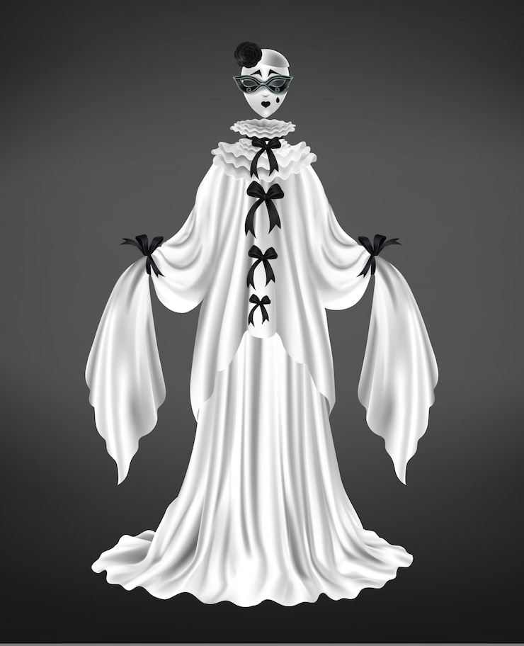무료 Vector pantomime 피에로 여성 캐릭터 정장, 할리퀸 의상, 슬픈 얼굴 마스크, 긴 소매와 흰색 드레스와 서커스 코미디언, 검은 활 현실적인 벡터 일러스트 레이 션 절연