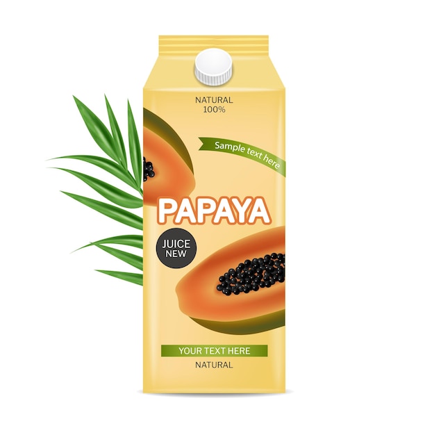 Bevanda di succo di papaya vettoriale realistico pacchetto di posizionamento del prodotto succo naturale fresco