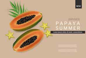 Free vector papaya summer banner vector realistic. tropic fruits template backgrounds