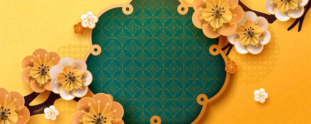 Paper art flower banner design with gold and turquoise color Premium Vector