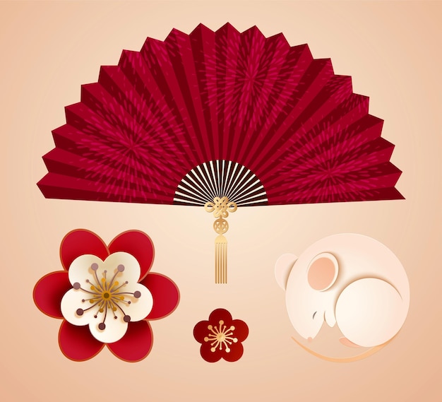 Paper art style design elements with white mouse, plum flowers and paper fan