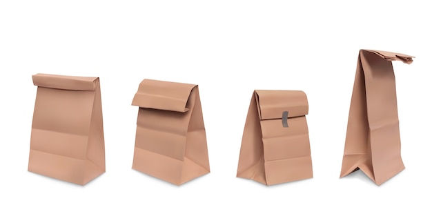 Paper bag, set of realistic illustrations brown paper grocery bags for meal