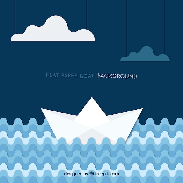 Vettore gratuito barche di carta sfondo con le onde geometriche e nuvole