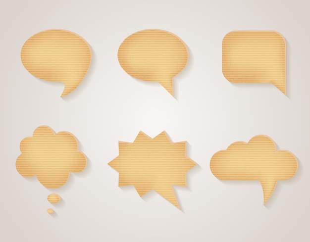 Paper cardboard speech bubbles set. Message blank, communication sticker textured, vector illustration