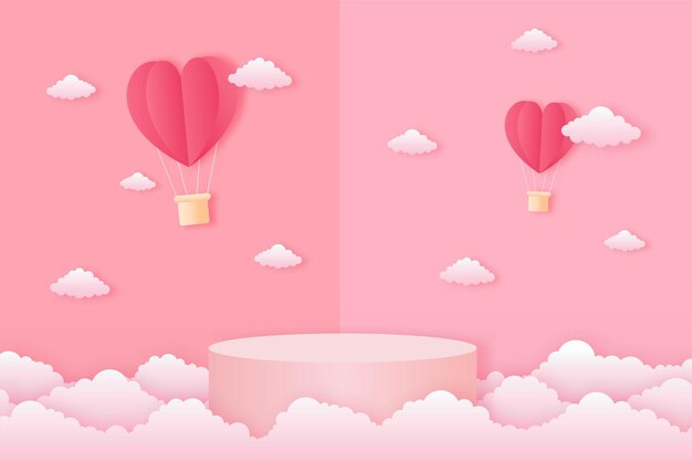 ペーパーカット幸せなバレンタインデーのコンセプト テキストのある風景iloveyouとピンクの空の背景紙アートスタイルのハートの形と幾何学の形の表彰台 プレミアムベクター