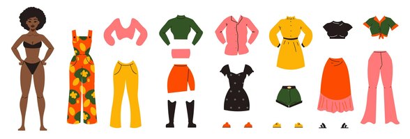 Paper doll clothes set with suit and dress flat isolated vector illustration