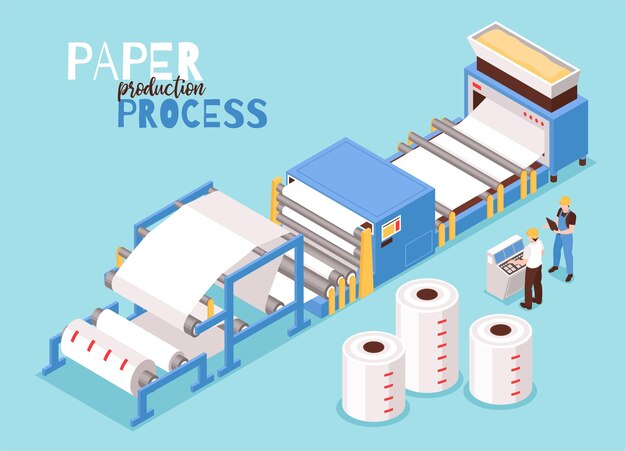Paper manufacturing isometric illustration