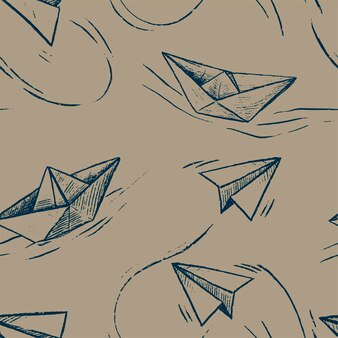 Эскизы бумажных самолетиков и лодок. абстрактный винтажный стиль вектор бесшовные модели. орнамент фигур оригами. дизайн для фона, печати, ткани, обоев.