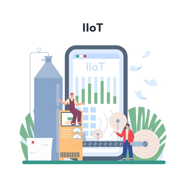 종이 생산 및 목재 가공 온라인 서비스 또는 플랫폼 나무 절단 및 종이 및 판지 만들기 온라인 iiot 격리 된 평면 벡터 일러스트 레이션