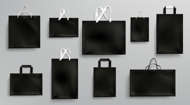 Paper shopping bags mockup, black packages set