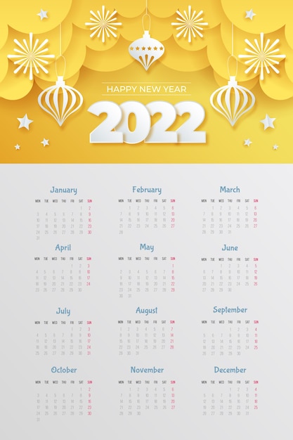 Vettore gratuito modello di calendario 2022 in stile carta