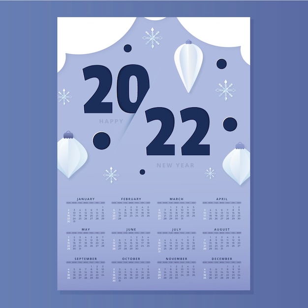 Бесплатное векторное изображение Шаблон календаря 2022 года в бумажном стиле