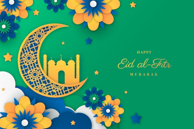 무료 벡터 이슬람 eid al-fitr 축하를 위한 종이 스타일 배경