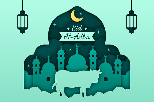 이슬람 eid al-adha 축하를 위한 종이 스타일 배경