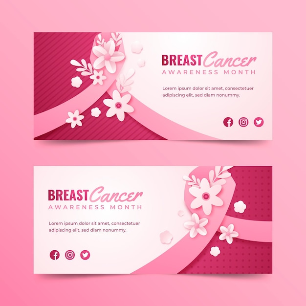 Paper style breast cancer awareness month horizontal banners set