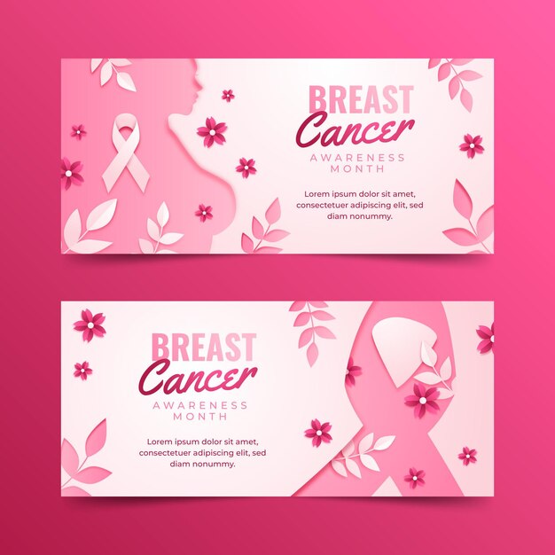 Paper style breast cancer awareness month horizontal banners set