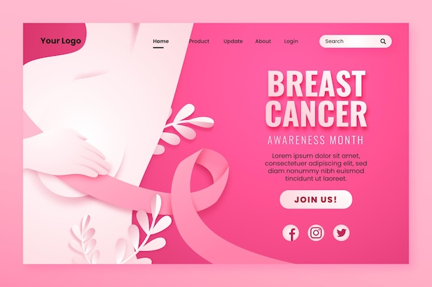 Vettore gratuito modello di pagina di destinazione del mese di sensibilizzazione sul cancro al seno in stile carta