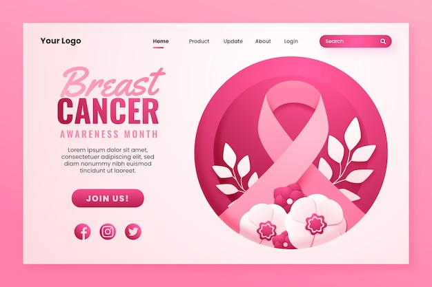 Free vector paper style breast cancer awareness month landing page template