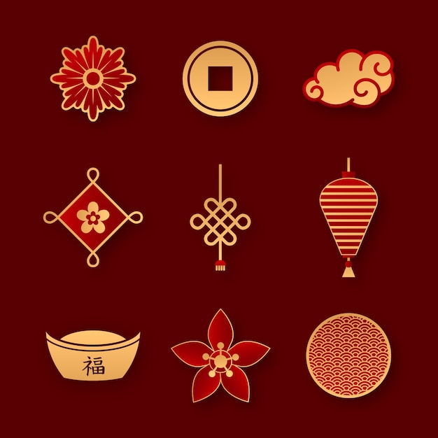 Vettore gratuito collezione di ornamenti per la celebrazione del capodanno cinese in stile carta