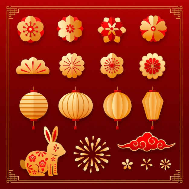 Free vector paper style chinese new year festival celebration ornaments collection