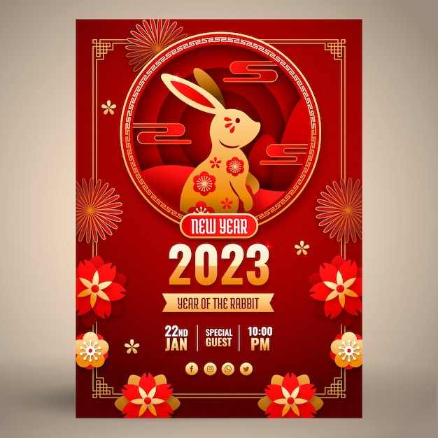 Free vector paper style chinese new year festival celebration vertical poster template