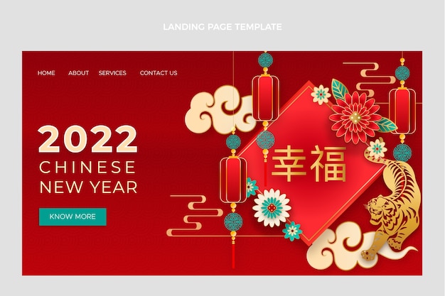 Paper style chinese new year landing page template Free Vector