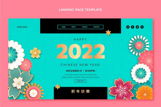 Paper style chinese new year landing page template Free Vector