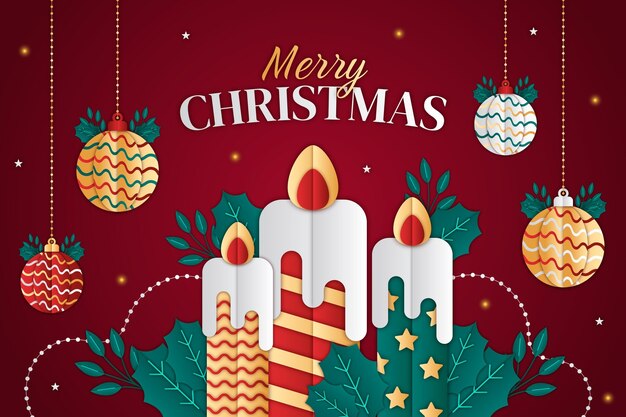 Рождественский фон в бумажном стиле с игрушками и свечами