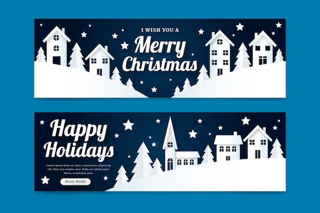 Free vector paper style christmas horizontal banners set