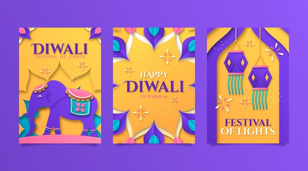 Vettore gratuito collezione di carte del festival di diwali in stile carta