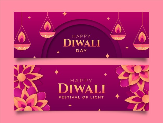 Free vector paper style diwali festival horizontal banners set