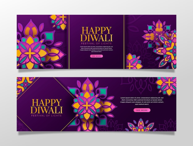 Vettore gratuito modello di banner orizzontale diwali in stile carta