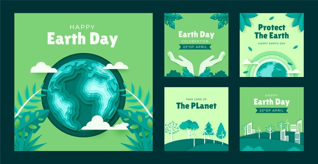 Free vector paper style earth day instagram posts collection