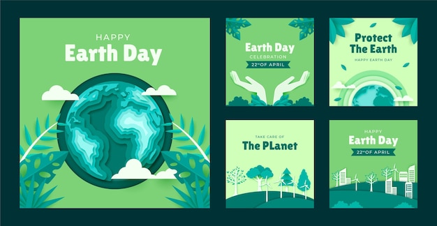 Paper style earth day instagram posts collection