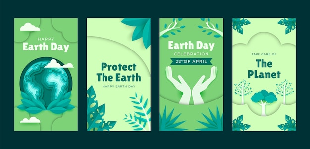 Free vector paper style earth day instagram stories collection