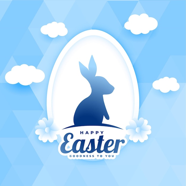 Free vector paper style easter card with clouds and bunny rabbit