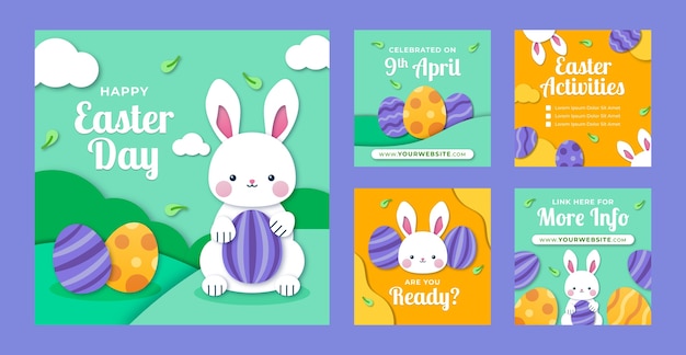 Free vector paper style easter celebration instagram posts collection