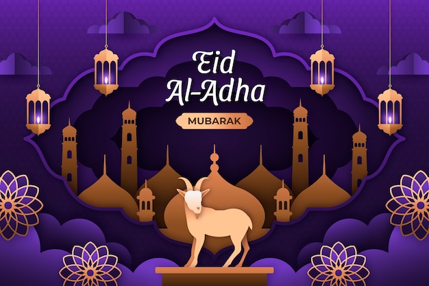 Paper style eid al-adha background with goat and lanterns